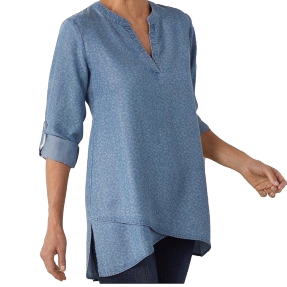 Soft Surroundings 100% Tencel Leopard Print Chambray Split Neck Tunic Size Small